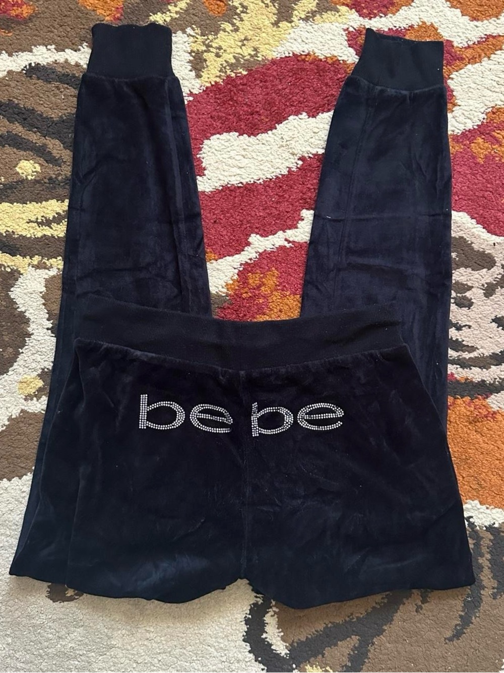 Bebe Black Velour Rhinestone Logo Joggers | Size XS